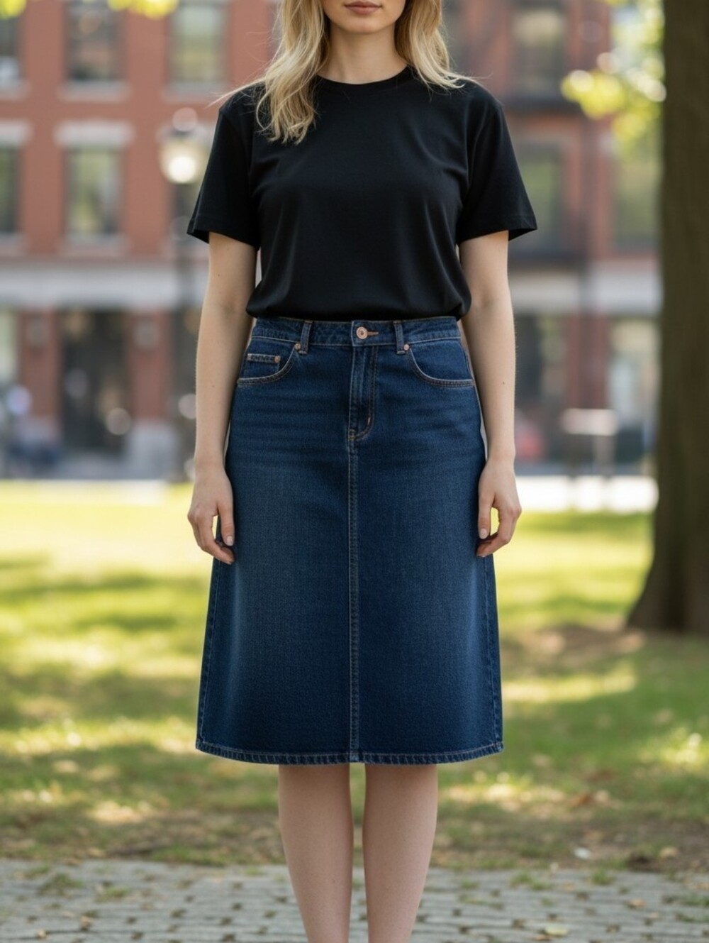 Classic Dark Blue Denim A-Line Skirt - Women's